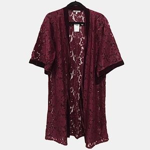 Velvet Trim Floral Lace Long Kimono Duster Robe
